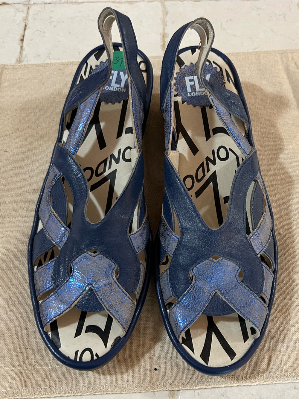 Fly London Navy Blue Leather Cutout Slingback Sandals